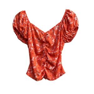 Sienna Sky Orange Floral Ruched Front Puff Sleeve Cottagecore Top Small